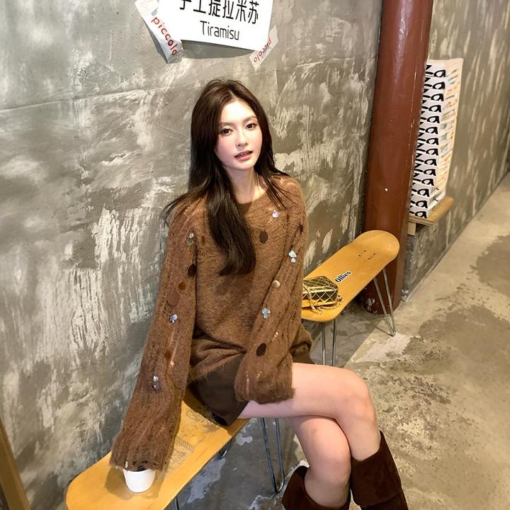 慵懒风棕色镂空破洞亮片针织衫毛衣女早秋薄款初秋小个子宽松上衣