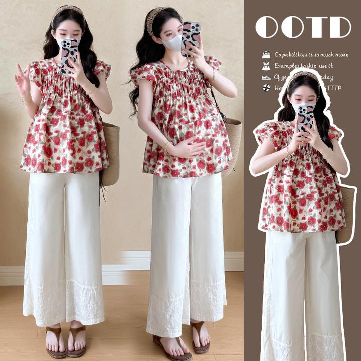 2025夏季孕妇装甜美碎花泡泡袖上衣搭配猪鼻扣阔腿裤孕妇套装