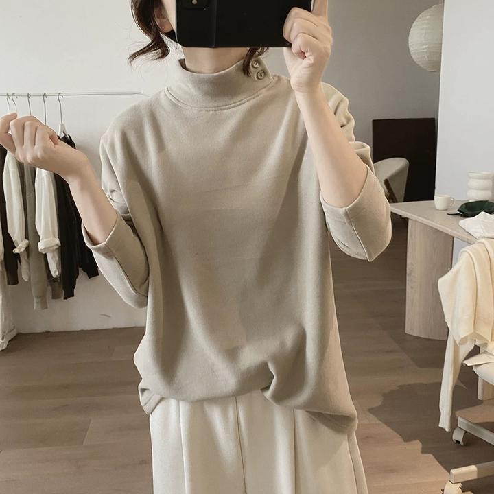 韩版减龄休闲半高领宽松纯色简约显瘦棉质T恤秋冬新款加厚上衣女