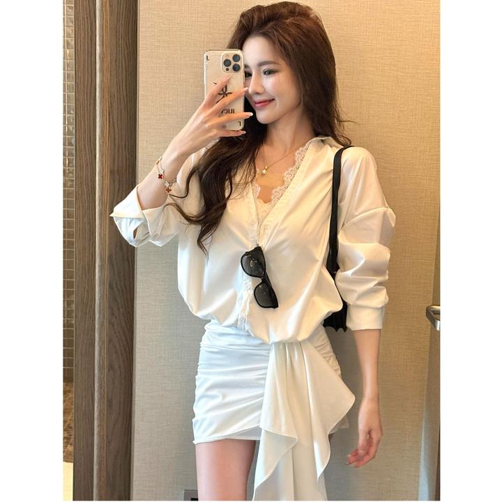 2025法式V领蕾丝拼接长袖衬衫女设计感绑带上衣 短款半身裙两件套