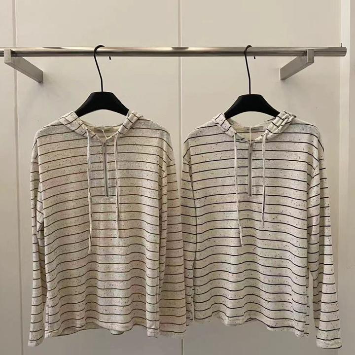 条纹均码韩系刺绣女款T恤简约套头连帽潮流长袖防晒