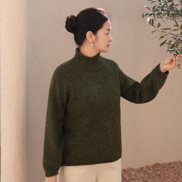 麻享【舒卷·花时】彩点花纱半高领加厚卷边慵懒女款毛衣FSY51395