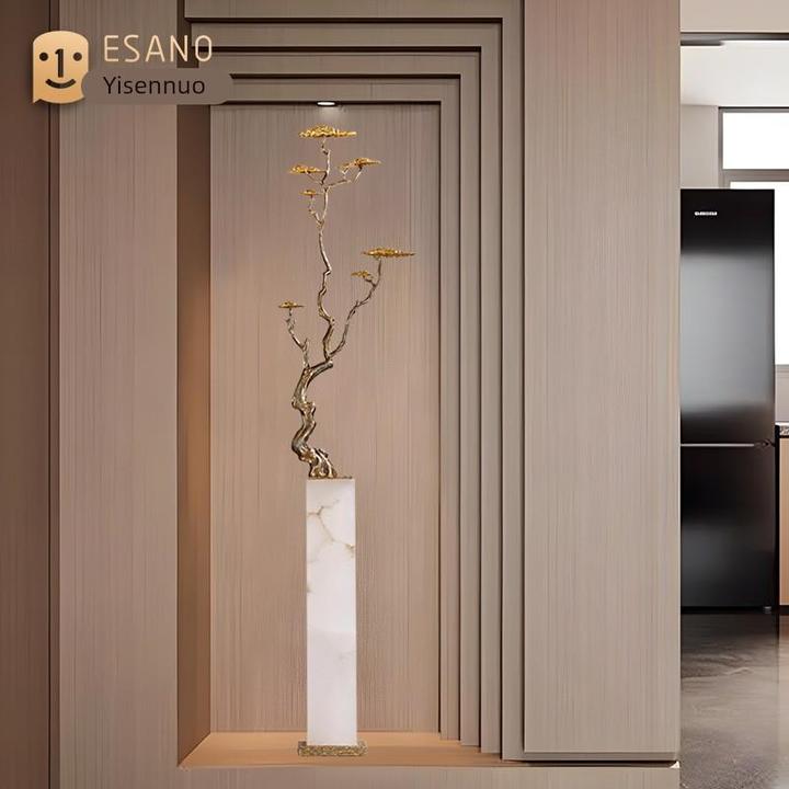 云石迎客松玄关落地摆件高长大客厅走廊过道新中式轻奢装饰品