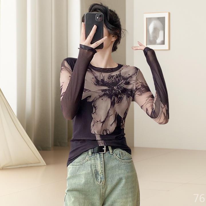 时髦春季品质女装网纱打底衫网红小衫纱衣女人味妈妈装长袖潮印花