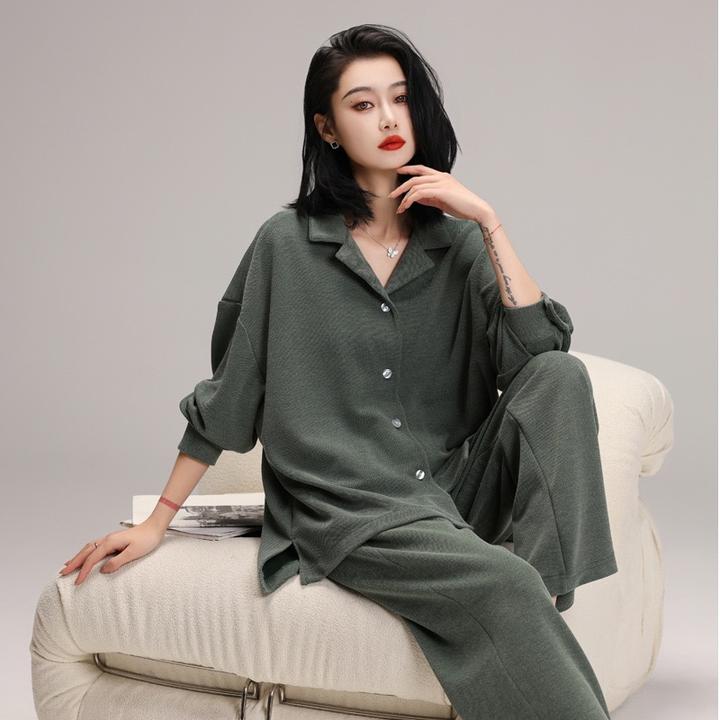 韩版高级质感网红风可外穿睡衣春秋纯色翻领衬衫宽松显瘦休闲套装