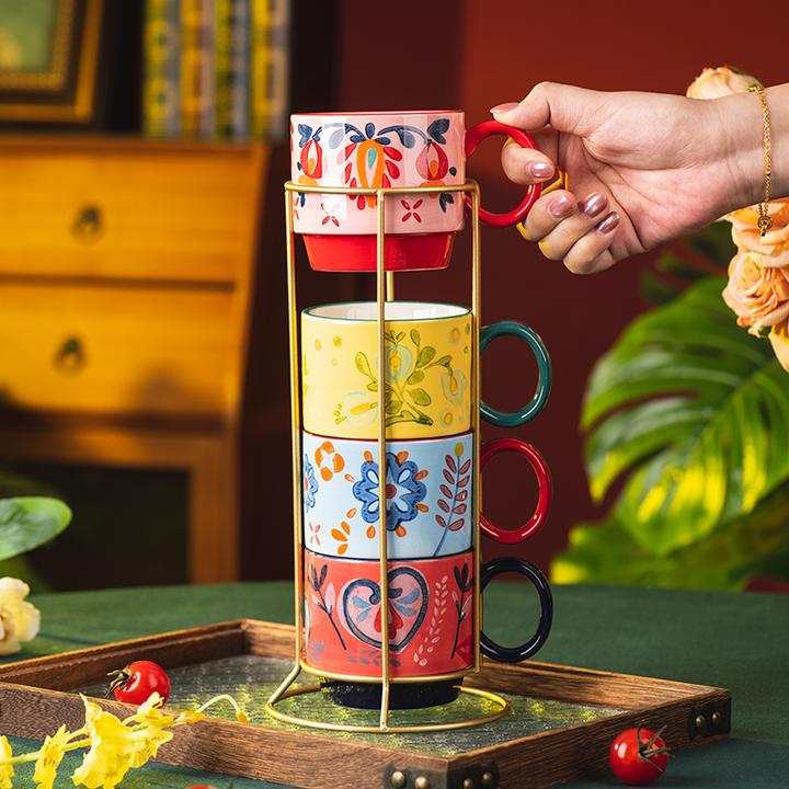 田园秘语叠叠杯陶瓷马克杯家用水杯 早餐杯高颜值杯子套装配铁架