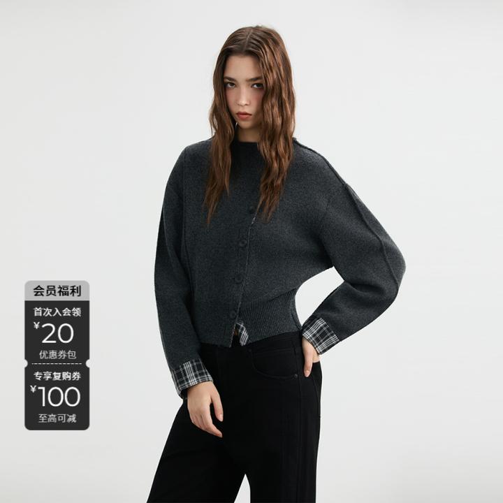S·DEER圣迪奥秋冬小香风侧纽扣短款格纹都市拼接高级灰针织衫毛衣