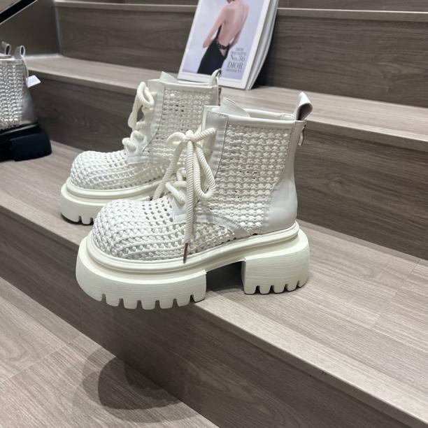 欧货编织系带厚底松糕马丁靴女2025新款小个子增高休闲网靴短靴潮