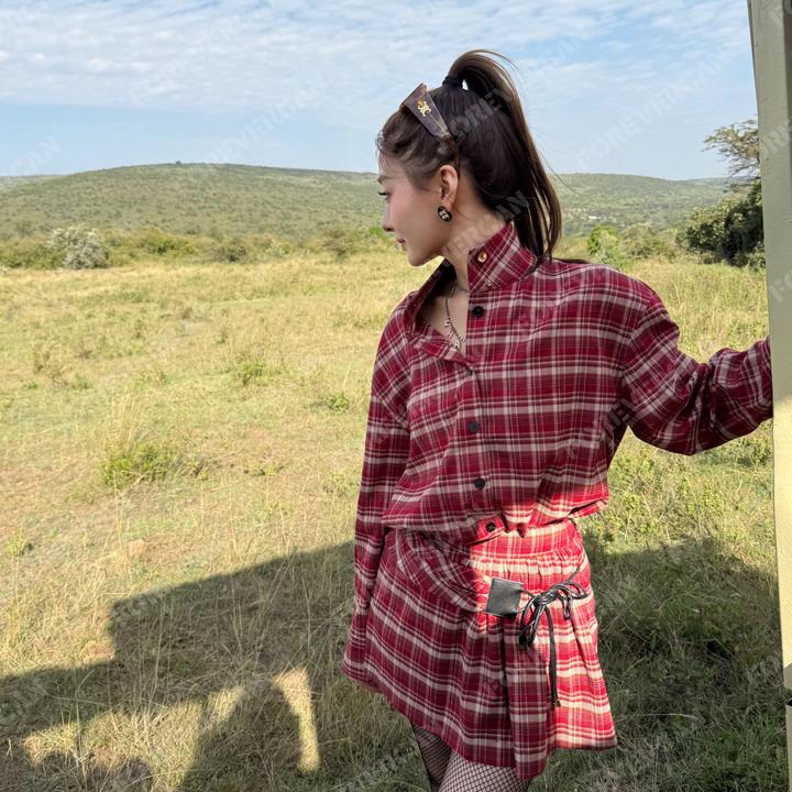 FOREVERCAN“摇滚甜心”解构主义皮带拼接红格百搭短裙SD23734