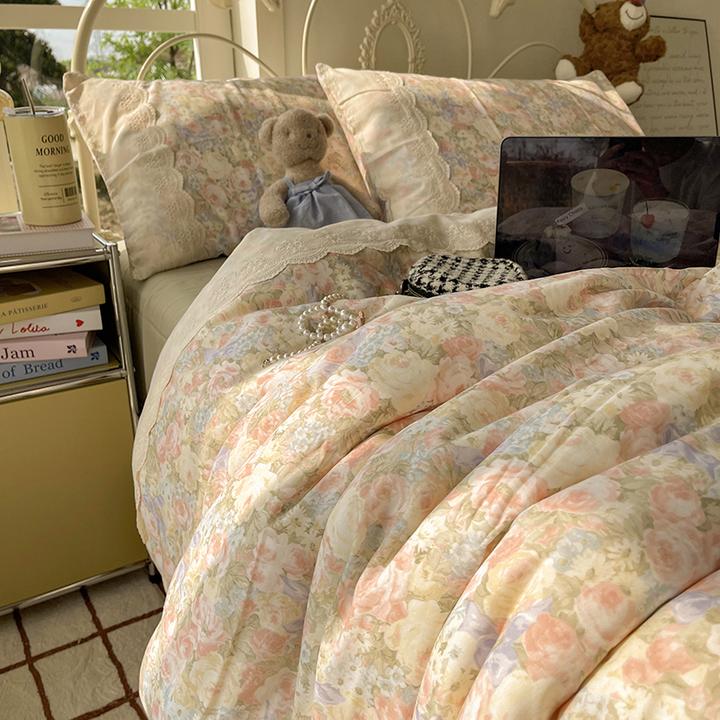 ins油画风全棉双层纱床上四件套纯棉花边被套床品宿舍床单三件套