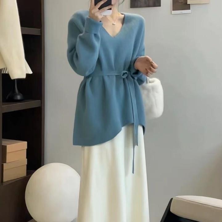 韩版气质不规则V领中长款毛衣女秋冬新款显瘦针织衫收腰系带上衣