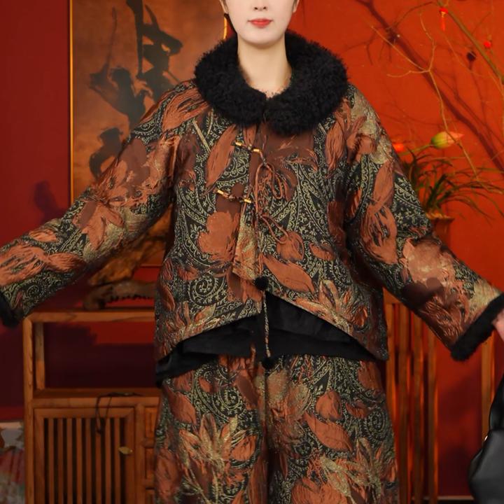 【繁花琥珀】S2255-1原创设计黑金色拼接毛领刺绣短款棉服