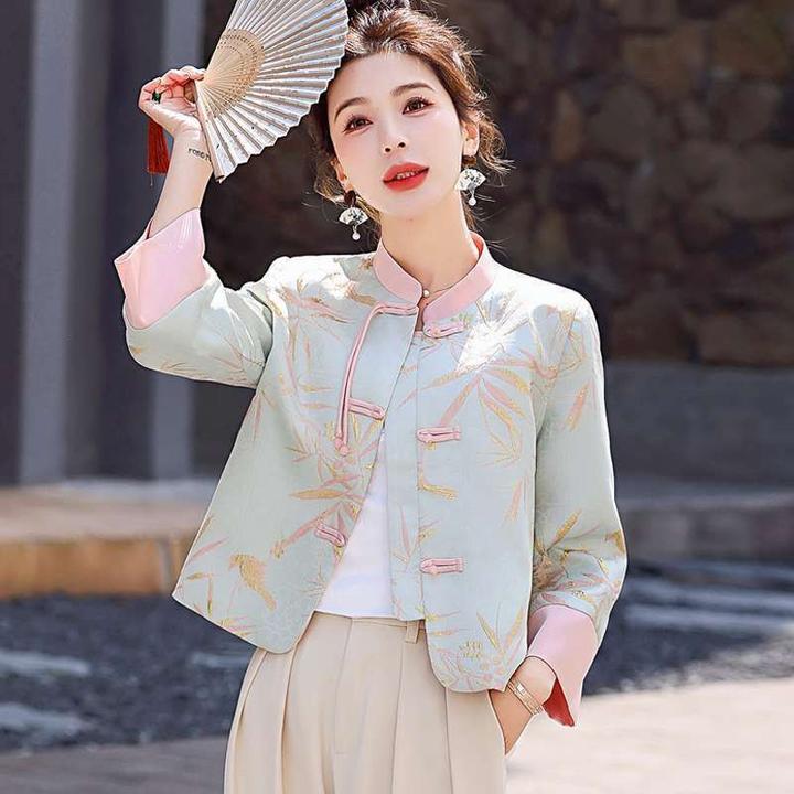 新中式国风外套女春秋小个子复古盘扣改良唐装立领短款衬衣
