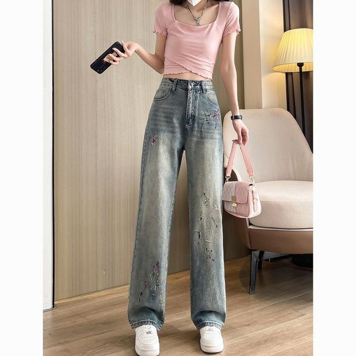 复古泼墨刺绣牛仔裤女新款春秋新款韩版高腰显瘦学生垂感直筒阔腿