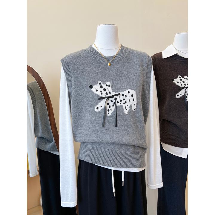 小狗蝴蝶结钉珠针织马甲背心女秋冬季外搭高级感宽松毛衣马夹