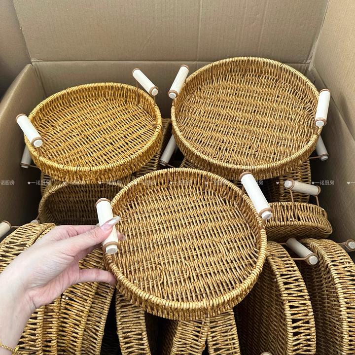 一诺厨房仿藤编托盘圆形双耳水果篮编织早餐篮馒头面包筐下午茶点