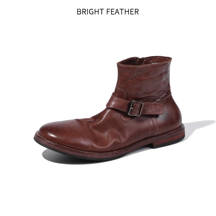 BRIGHT FEATHER男士水洗马皮时装靴秋冬高帮真皮拉链靴子男英伦风