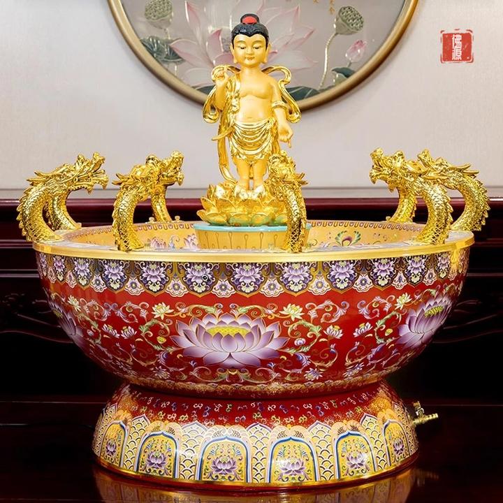 珐琅彩浴盆工艺品九龙吐水喷水释迦牟尼太子像洗浴盆摆件高档创意
