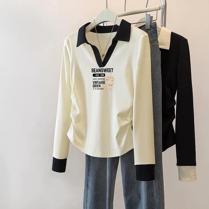 洋气小众修身polo领长袖打底衫女秋装新款遮肚显瘦正肩t恤上衣潮