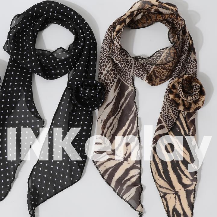 INKenlay美式复古辣妹豹纹玫瑰花丝巾百搭波点甜酷薄款领巾围巾女