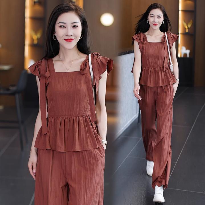 欧货时尚气质显瘦短袖套装女小个子方领上衣宽松高腰阔腿裤两件套