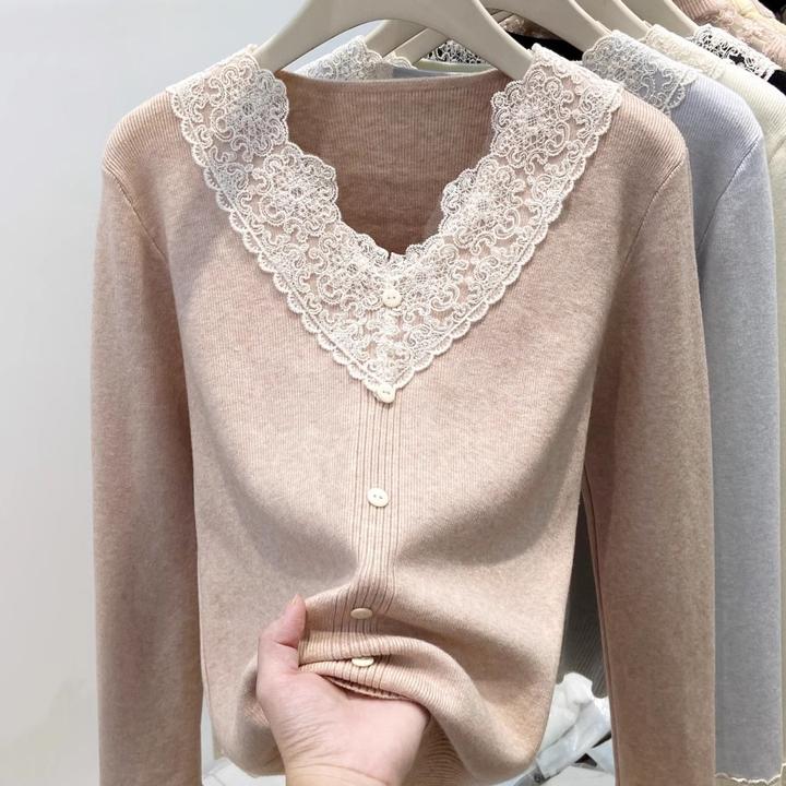 新款蕾丝拼接长袖针织打底衫拼接V领单排扣针织开衫百搭上衣I2-85
