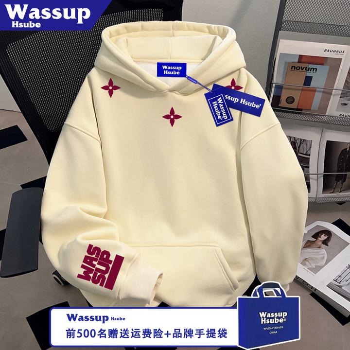 WASSUP HSUBE个性印花男女款杏色套头卫衣秋冬季加绒加厚连帽上衣
