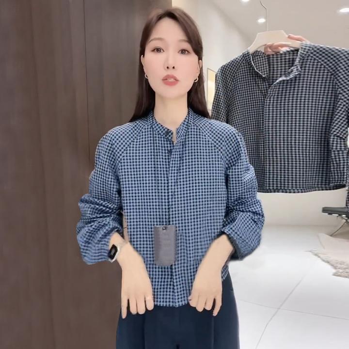 春秋款通勤百搭上班族圆领短款格子衬衫简约休闲风个性显瘦上衣女