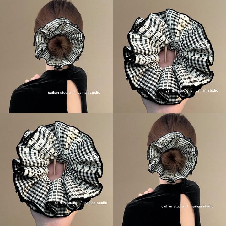 格子朵朵~黑白格纹大肠发圈小众设计感博主同款丸子头绳旅行发绳