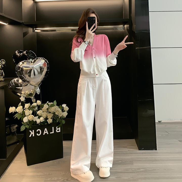 2025秋装穿搭一整套女渐变v领针织开衫外套高腰阔腿牛仔裤两件套