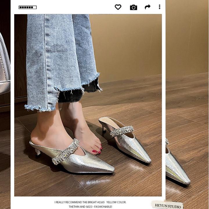 水钻链条一字带尖头中跟穆勒鞋女细跟气质半拖凉鞋高跟高跟鞋