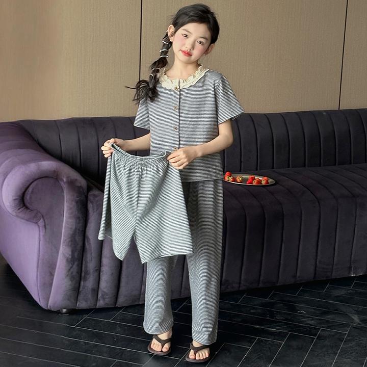 女童棉质睡衣2025新款女大童夏季短袖家居服套装儿童空调服三件套