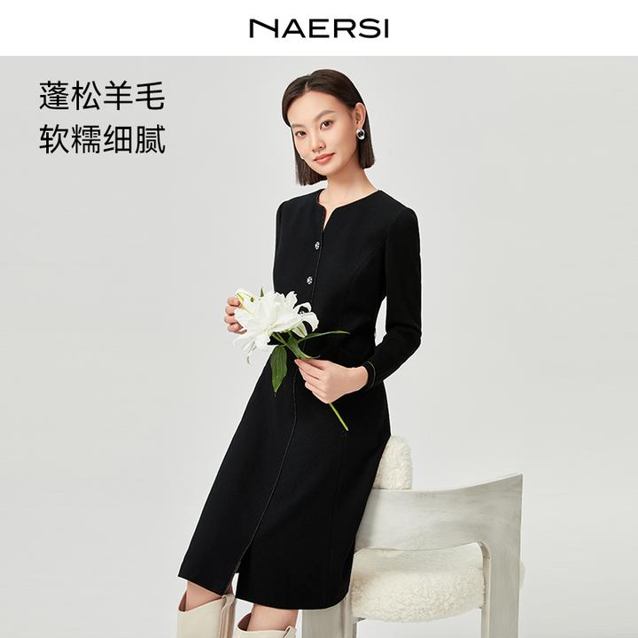 娜尔思黑色显瘦气质轻奢时尚秋冬女士连衣裙（配腰带）NF11100W0