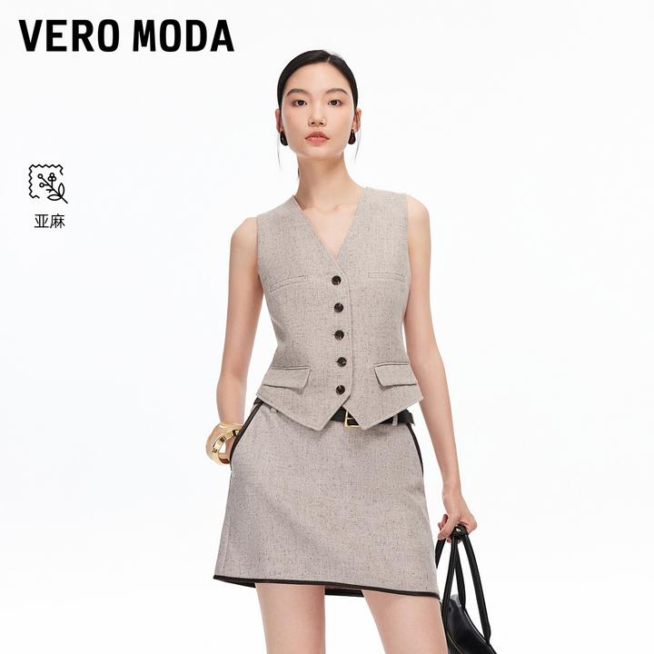 Vero Moda马甲2025新款含亚麻撞色纽扣装饰马甲老钱风325334003