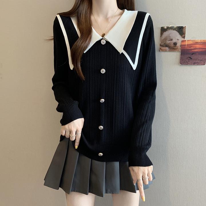 假两件娃娃领长袖针织衫2025秋冬新款拼色大码女装微胖内搭毛衣