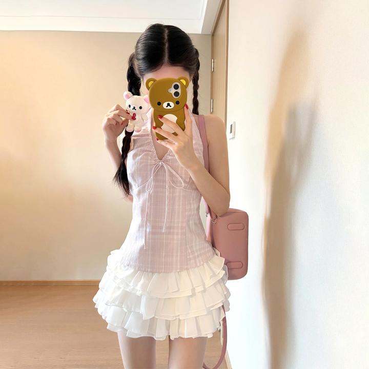 纯欲辣妹粉色格纹挂脖衬衫女装夏季新款甜美轻奢漂亮小衫露背上衣