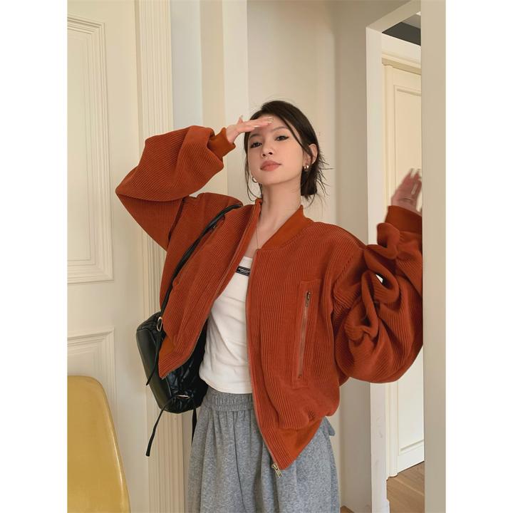 灯芯绒夹棉加厚长袖外套女2025秋冬新款复古褶皱立领拉链夹克上衣