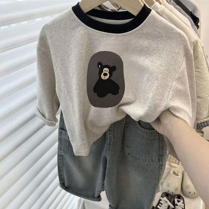 儿童新款卡通灰色春秋纯棉T恤长袖2025洋气男女童韩版百搭打底衫t