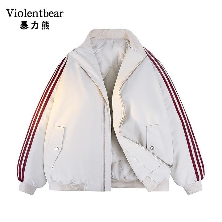 暴力熊冬季新款美式学院风立领飞行夹克男三条杠条纹棉服外套休闲