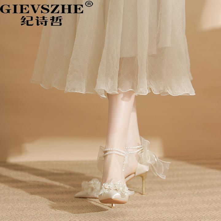 GIEVSZHE纪诗哲尖头一字带高跟鞋女款法式气质结婚鞋女士细跟鞋女