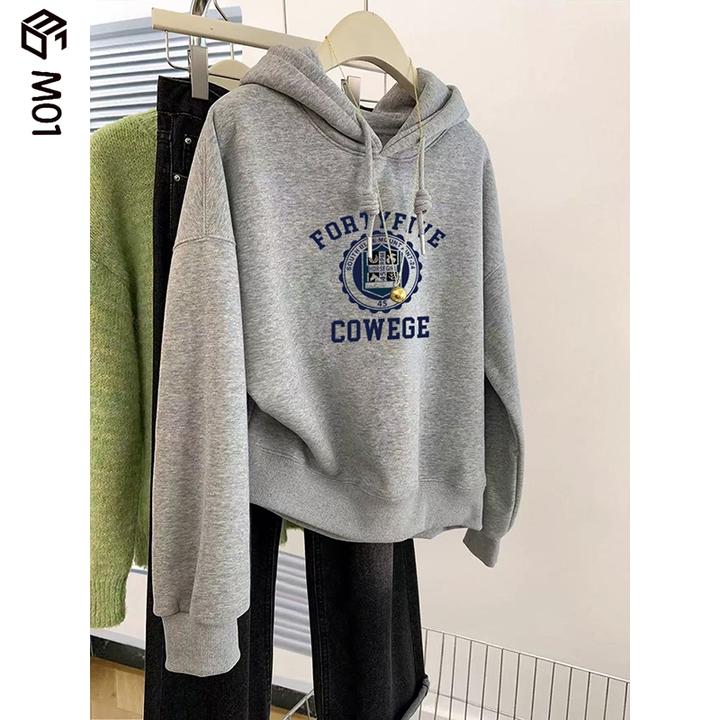 M012025新款秋冬爆款美式灰色连帽卫衣女加绒加厚小个子上衣外套