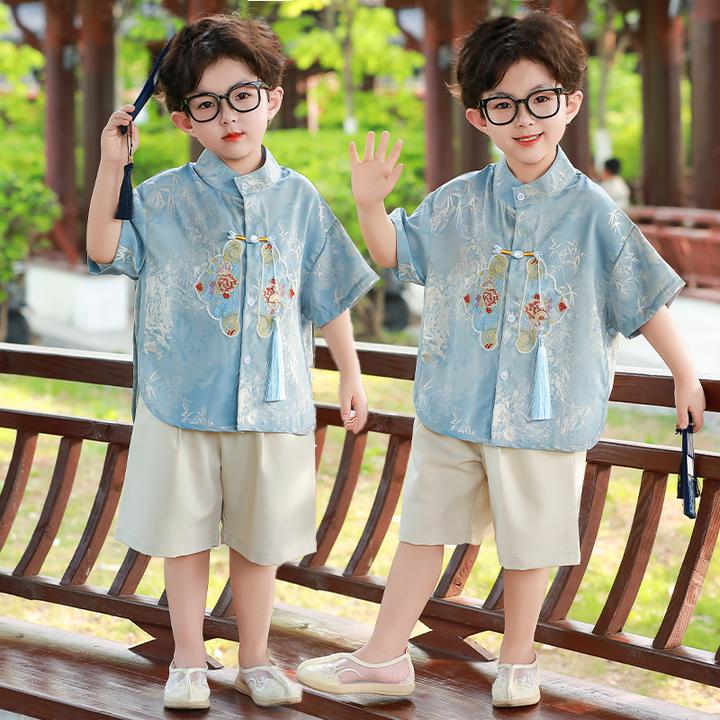 儿童夏季短袖套装男宝新中式洋气古风汉服衣服小众高级表演服唐装