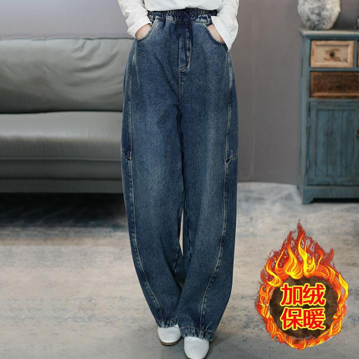 6933蓝加绒弯刀牛仔裤2025文艺复古加厚高腰松紧腰显瘦休闲裤