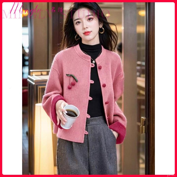 名缕冬季轻奢新中式高级感毛呢外套短款国风盘扣外套显高毛呢外套