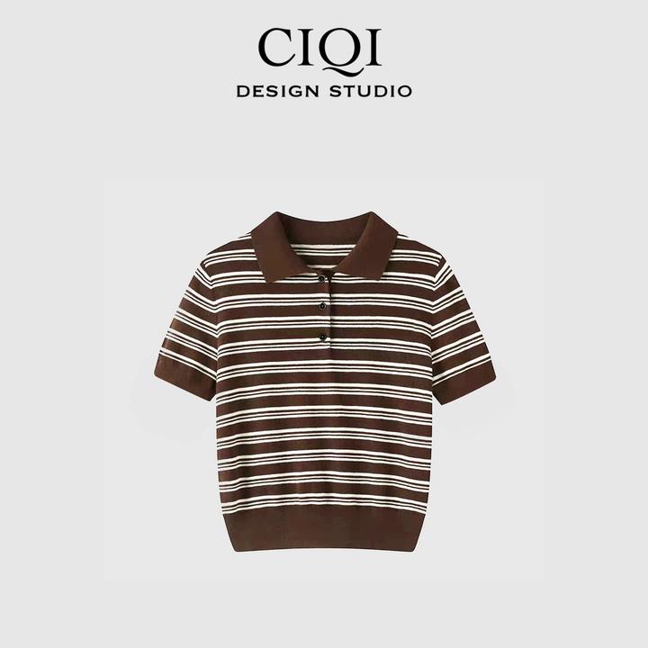 CIQI STUDIO【棕享活力】羊毛混纺复古条纹polo针织短袖DY251018