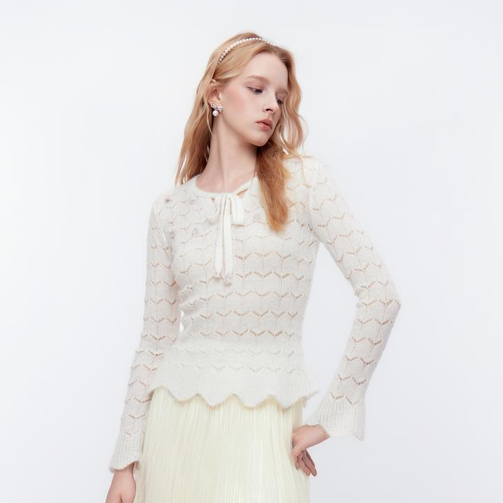 MISSCOCOON可可尼白色针织衫女2025秋季新款镂空系带羊毛打底衫
