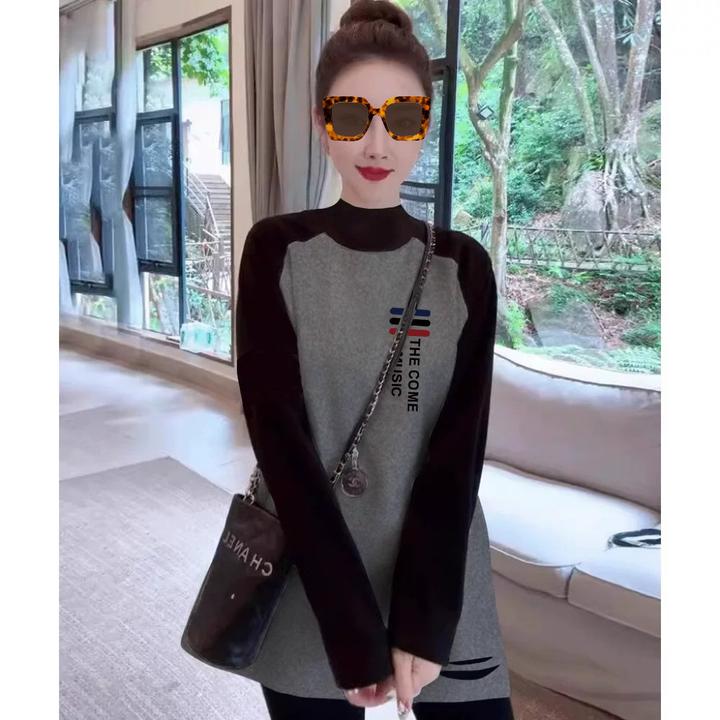 宽松加厚打底衫遮屁股半高领t恤女中长款秋冬季长袖磨毛内搭上衣