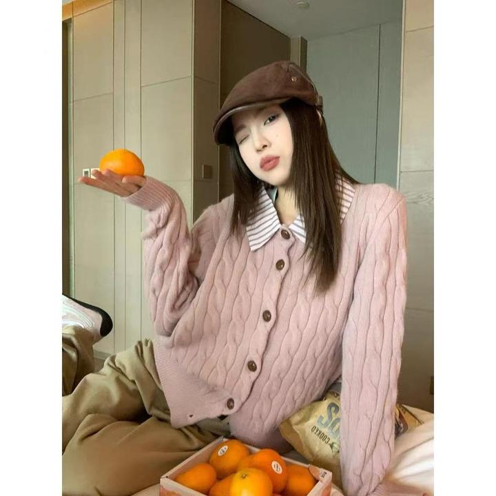 粉色假两件polo领针织开衫女2025冬季外穿独特漂亮毛衣秋冬外套