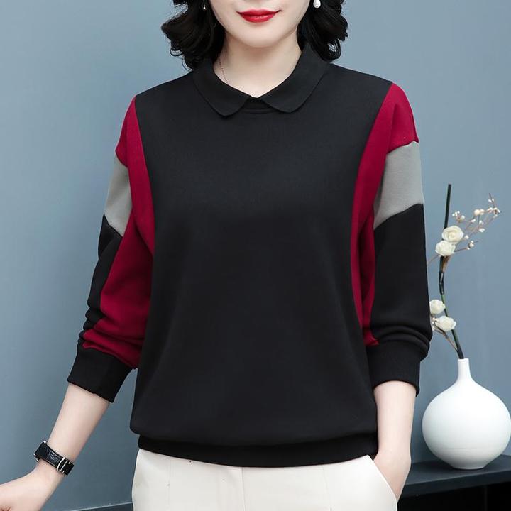 法劳格加绒加厚卫衣女2025新款中年妈妈翻领秋冬保暖宽松大码撞色