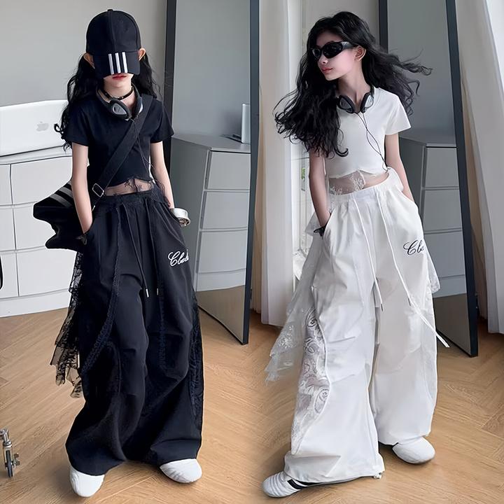 女童街舞套装2025新款儿童嘻哈舞蹈服女孩夏装背心潮酷T恤伞兵裤